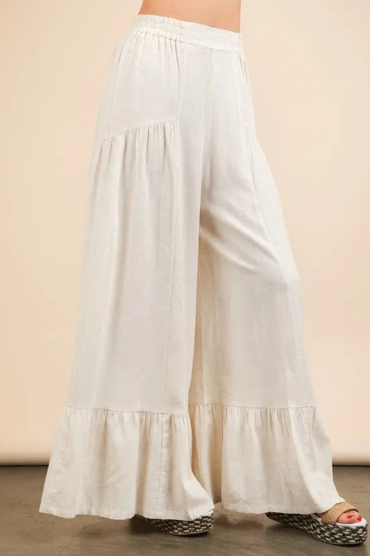 Oatmeal Very J Palazzo elastic waist comfy pants by Trendsi, featuring a relaxed fit and soft fabric for casual wear.