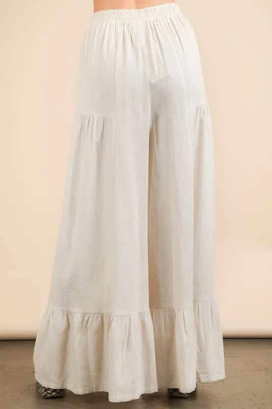 Oatmeal Very J Palazzo elastic waist comfy pants by Trendsi, featuring a relaxed fit and soft fabric for casual wear.
