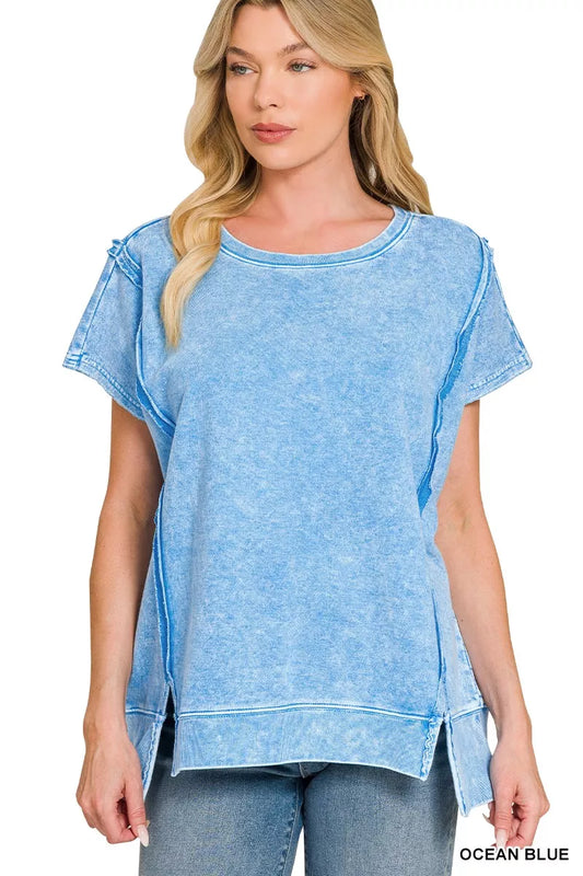 Ocean blue F/terry Halo Snow Washed oversized hi-low top by Trendsi, featuring a relaxed fit and casual style.