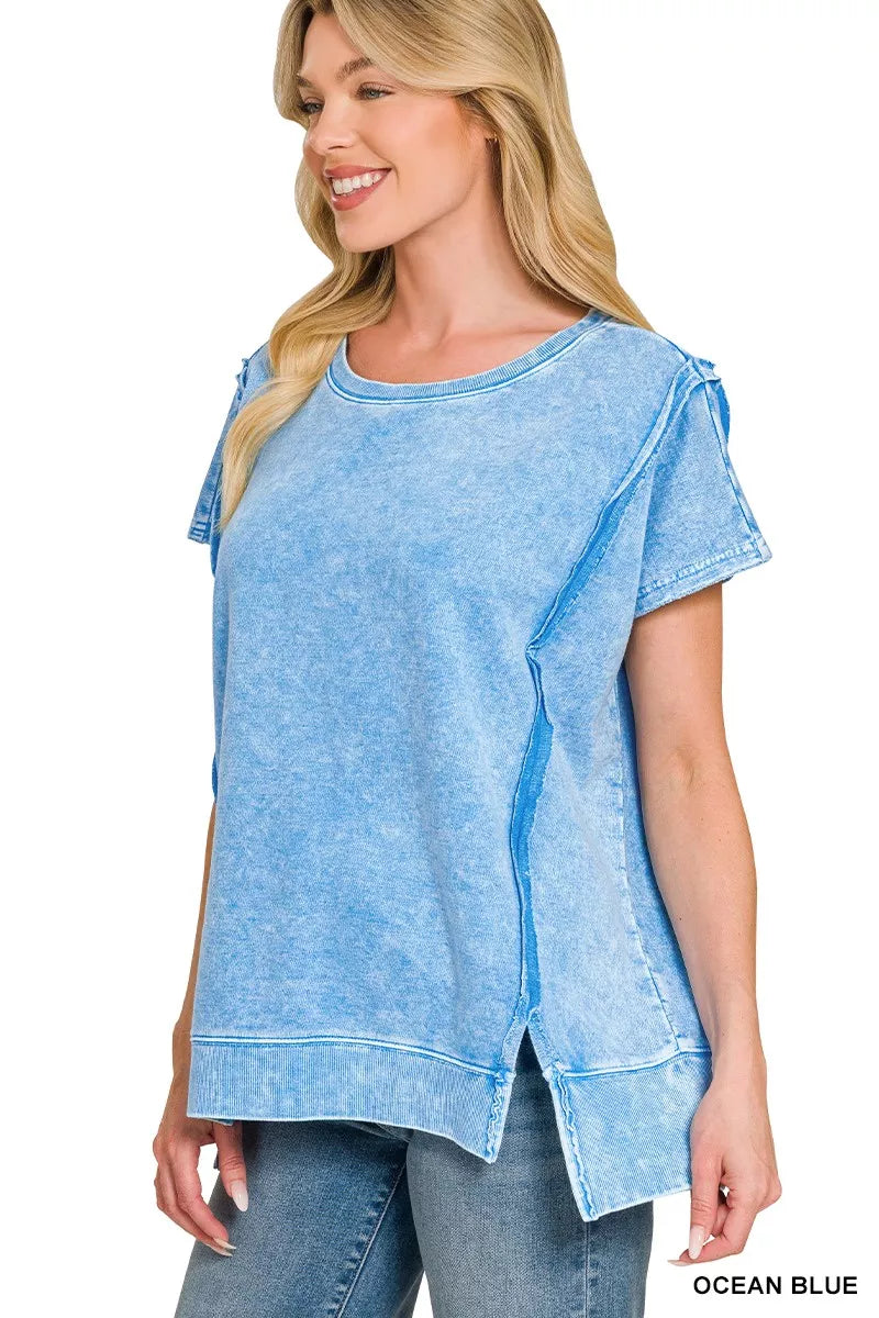 Ocean blue F/terry Halo Snow Washed oversized hi-low top by Trendsi, featuring a relaxed fit and casual style.