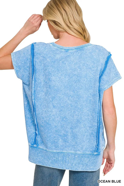 Ocean blue F/terry Halo Snow Washed oversized hi-low top by Trendsi, featuring a relaxed fit and soft, snow-washed fabric.
