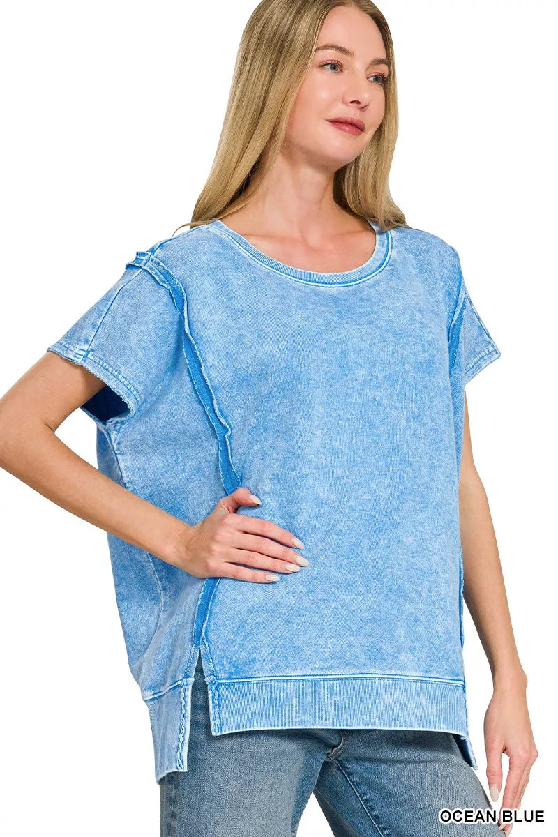 Ocean blue F/terry Halo Snow Washed oversized hi-low top by Trendsi, casual relaxed fit with soft terry fabric.