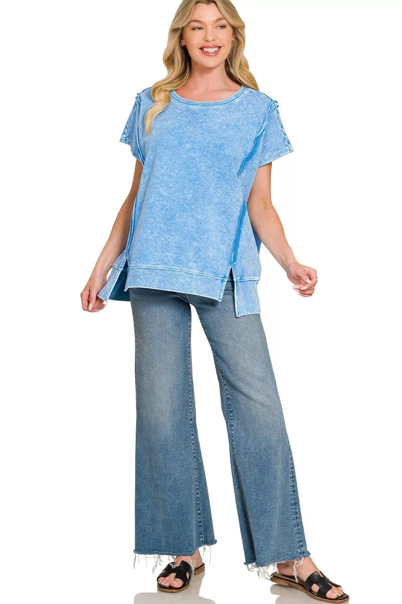 Ocean blue F/terry Halo Snow Washed oversized hi-low top by Trendsi, shown with relaxed fit and soft terry fabric.