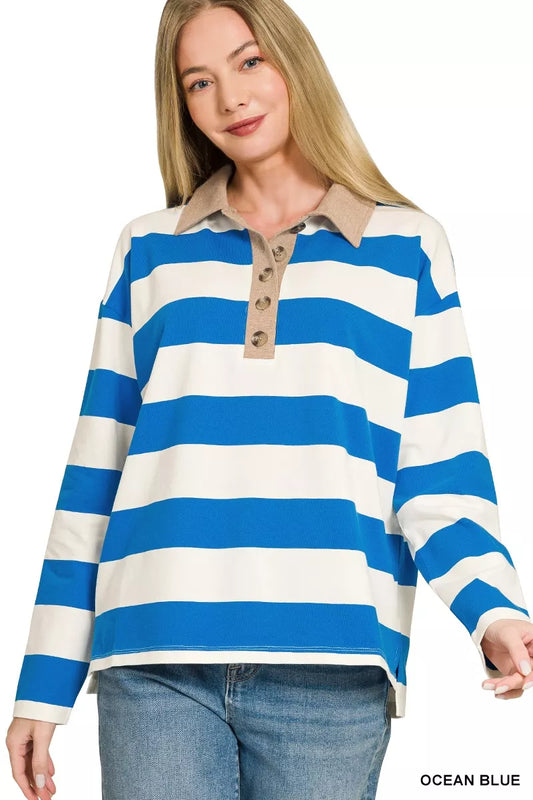 Ocean blue Zenana striped contrast collar polo top with short sleeves and button placket, casual and stylish for everyday wear.