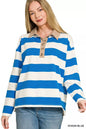 Ocean blue Zenana striped contrast collar polo top with short sleeves and button placket, casual and stylish for everyday wear.
