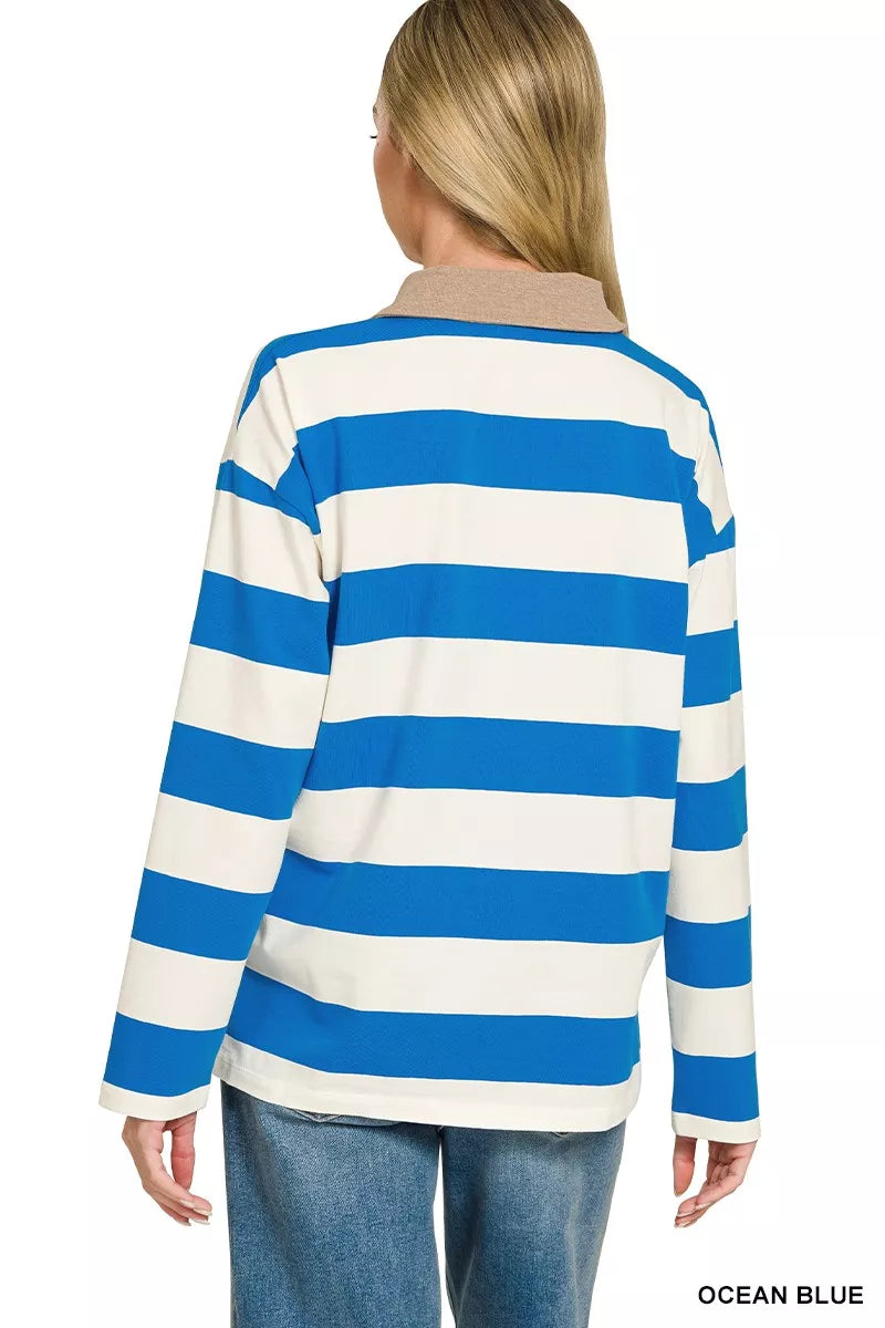 Ocean blue Zenana striped contrast collar polo top with short sleeves and button placket, casual and stylish for everyday wear.