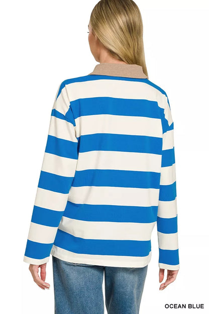 Ocean blue Zenana striped contrast collar polo top with short sleeves and button placket, casual and stylish for everyday wear.
