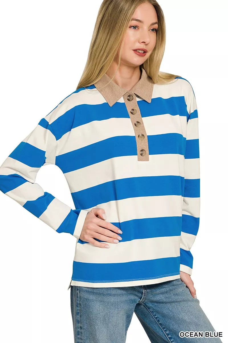 Ocean blue Zenana striped contrast collar polo top with short sleeves and button placket, stylish and casual for everyday wear.