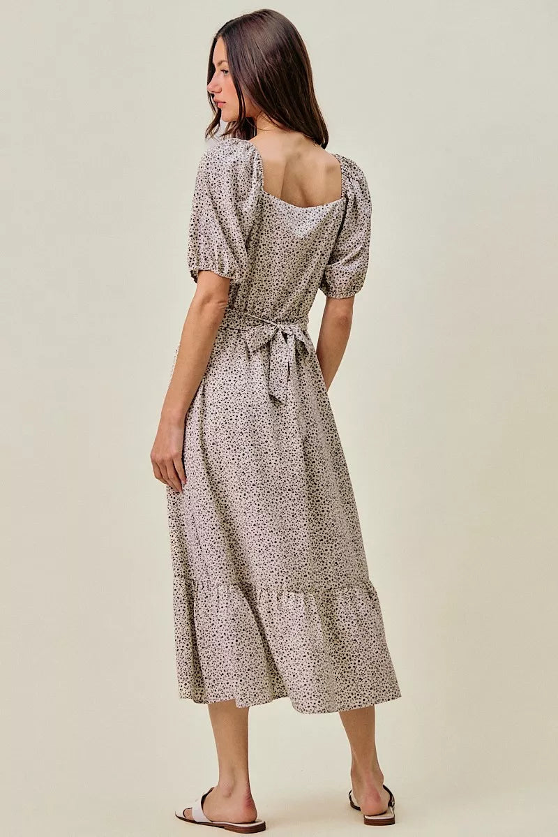 Off-white and black SO ME ditsy floral maxi dress with self-belt and elastic waist, stylish and flowy for summer or casual wear.