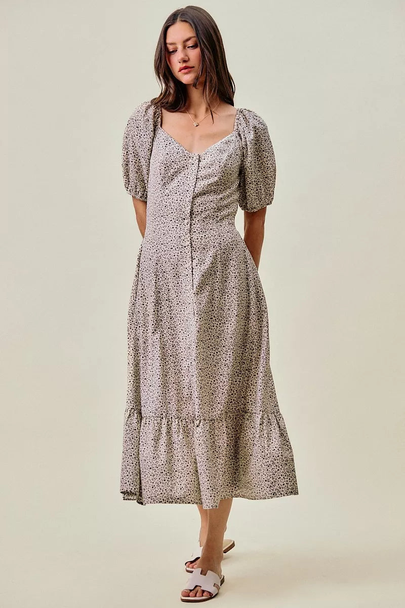 Off-white and black SO ME ditsy floral maxi dress with self-belt and elastic waist, stylish and flowy for summer wear.