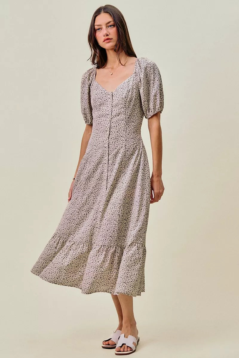 Off-white and black SO ME floral maxi dress with self belt and elastic waist, featuring a ditsy floral pattern.