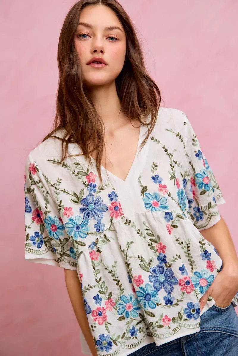 Off-white and blue floral embroidered baby doll blouse top by Trendsi, featuring delicate embroidery and a relaxed fit.