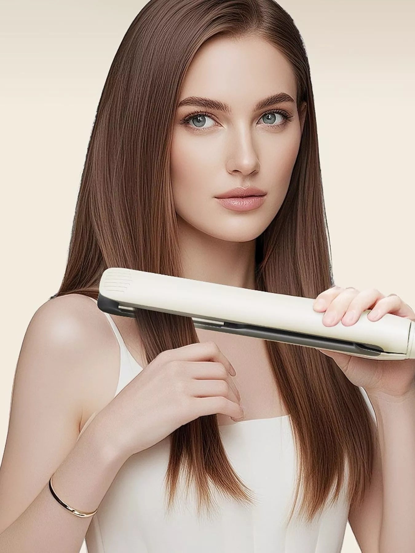 Off-white Trendsi fast heating hair straightener with European plug, sleek design, and ceramic plates for smooth styling.