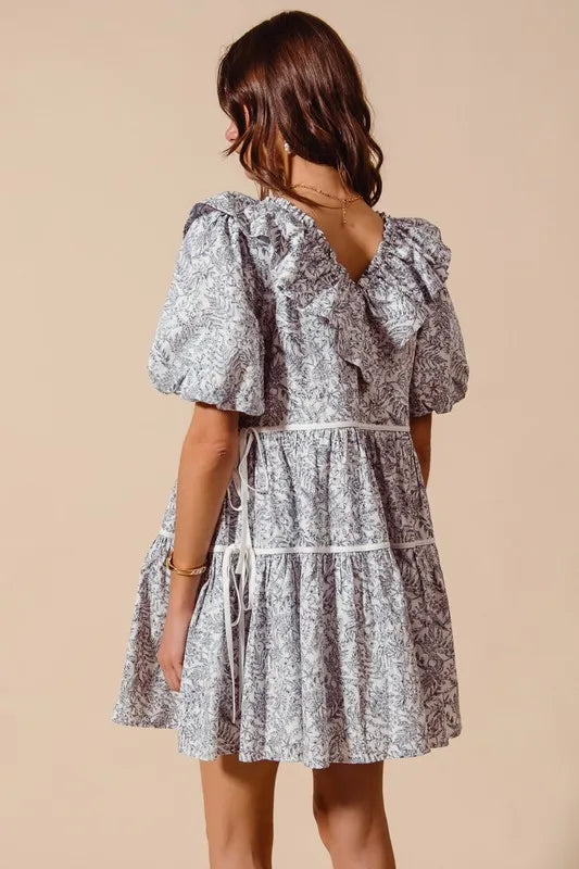 Off-white navy SO ME cotton printed ruffle V-neckline dress with side tie, stylish and casual for warm weather.