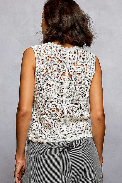Off-white Trendsi cropped crochet vest with button-down front and scalloped edge, featuring a stylish, lightweight design.