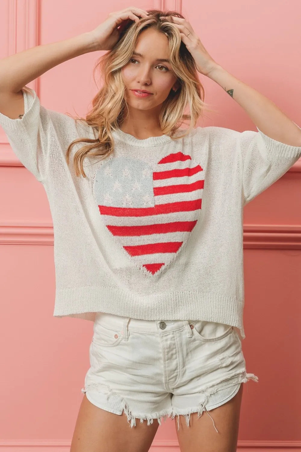 Off-white BiBi striped heart contrast knit top from Trendsi, featuring a cozy knit fabric with a playful heart pattern.