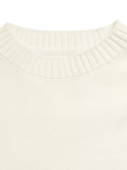 Off-white Bow Graphic Round Neck Sweater by Trendsi, featuring a stylish bow graphic design on a cozy knit sweater.