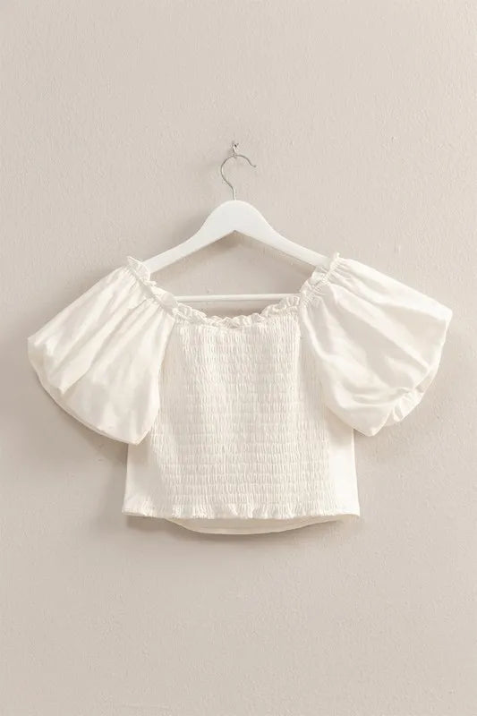 Off-white HYFVE puff sleeve sweetheart neckline top with ruffled details, stylish and feminine for casual or dressy wear.