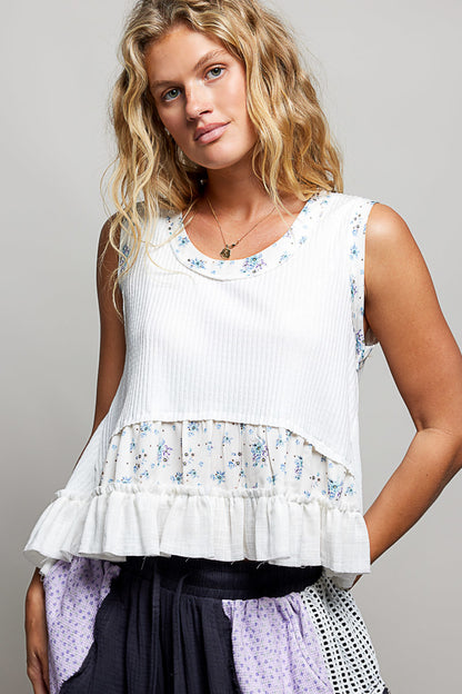 Off-white floral print ribbed tank top with round neck and double gauze ruffle accents from Trendsi.