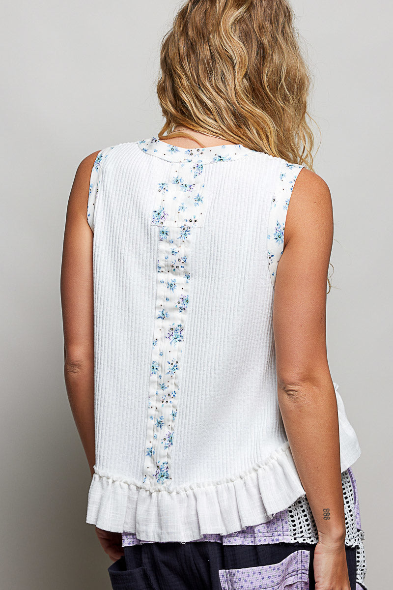 Off-white floral print POL ribbed tank top with round neck and double gauze ruffle accents, stylish and comfortable for casual wear.