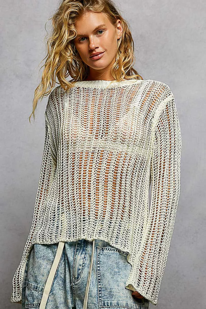 Off-white POL openwork round neck knit cover-up by Trendsi, featuring intricate open-knit design and relaxed fit.