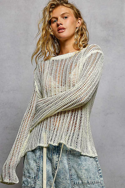 Off-white POL openwork round neck knit cover-up by Trendsi, featuring intricate knit pattern and relaxed fit for beach or casual wear.