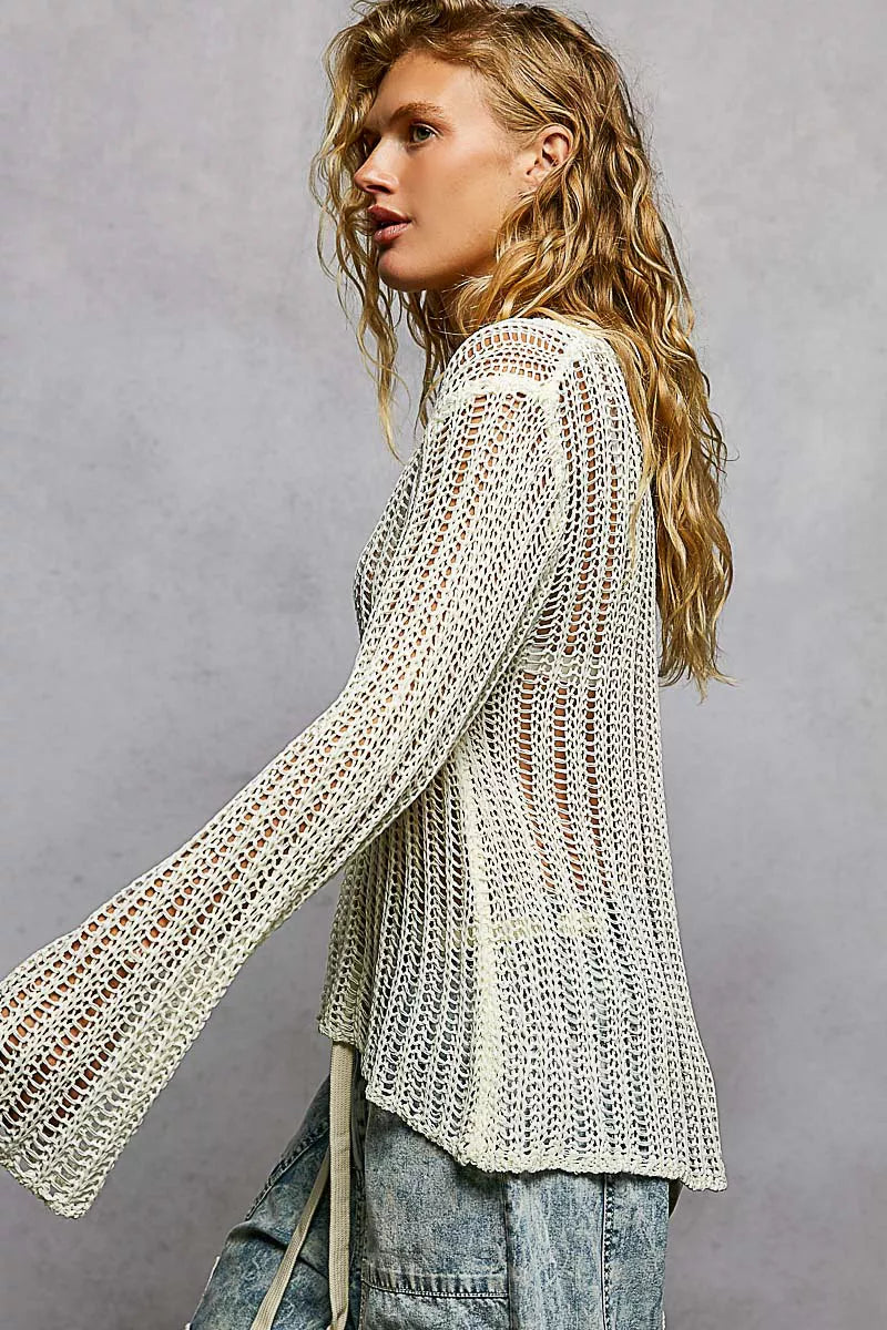 Off-white POL openwork round neck knit cover-up by Trendsi, featuring intricate open-knit design and relaxed fit for beachwear or casual wear.
