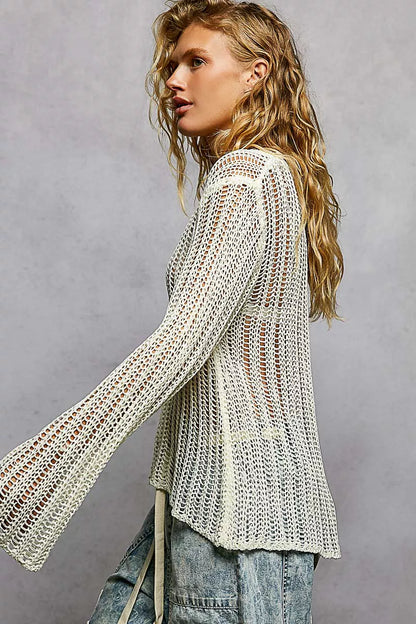 Off-white POL openwork round neck knit cover-up by Trendsi, featuring intricate open-knit design and relaxed fit for beachwear or casual wear.