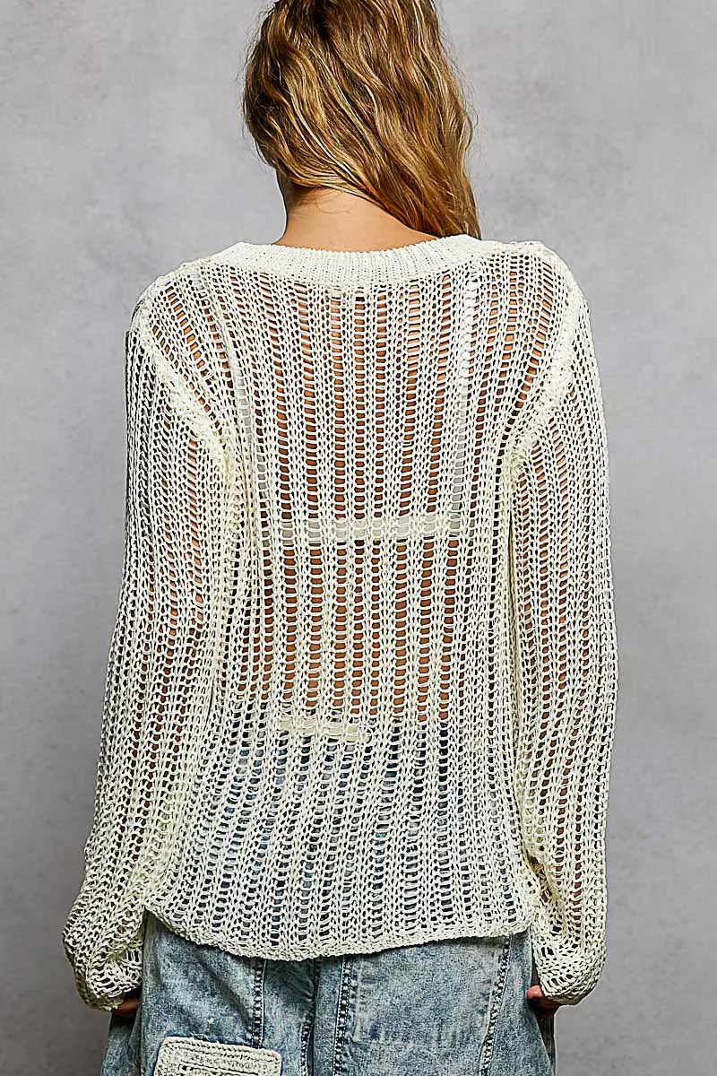 Off-white POL openwork round neck knit cover-up with intricate pattern, lightweight and stylish for beach or casual wear