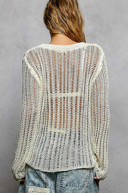 Off-white POL openwork round neck knit cover-up with intricate pattern, lightweight and stylish for beach or casual wear