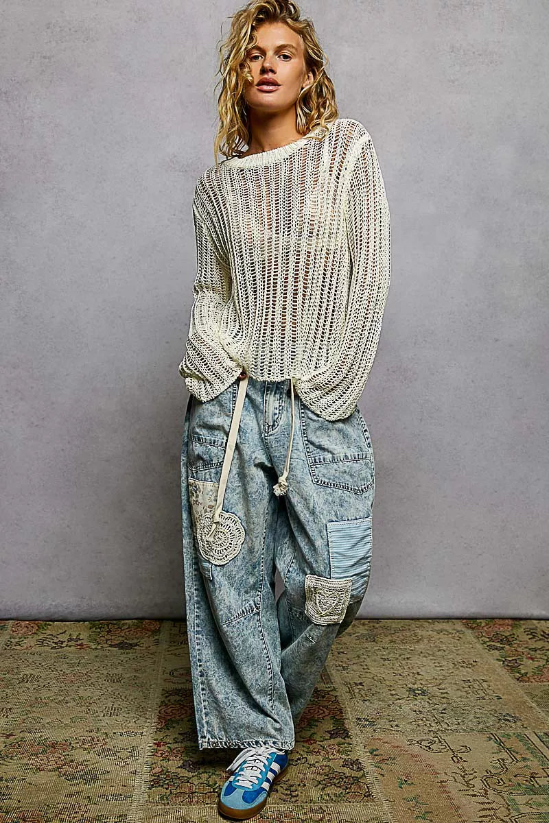 Off-white POL openwork round neck knit cover-up from Trendsi, featuring a lightweight, breathable design with intricate openwork patterns.