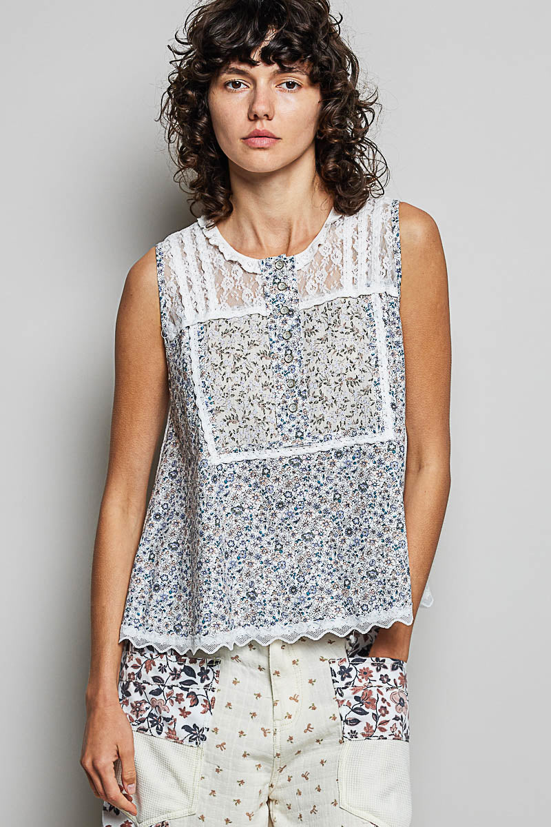 Off-white POL printed woven sleeveless top with lace back and round neckline, stylish Trendsi women's summer top.