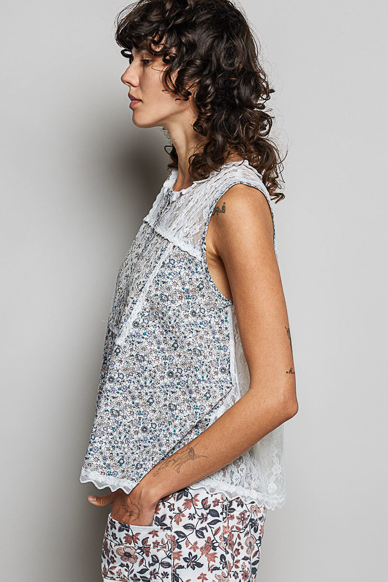 Off-white Trendsi POL sleeveless woven lace-back round neck top, casual and stylish for warm weather.