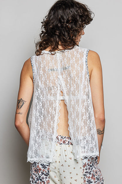 Off-white Trendsi sleeveless top with printed woven fabric, lace back, and round neckline, stylish and lightweight for warm weather.