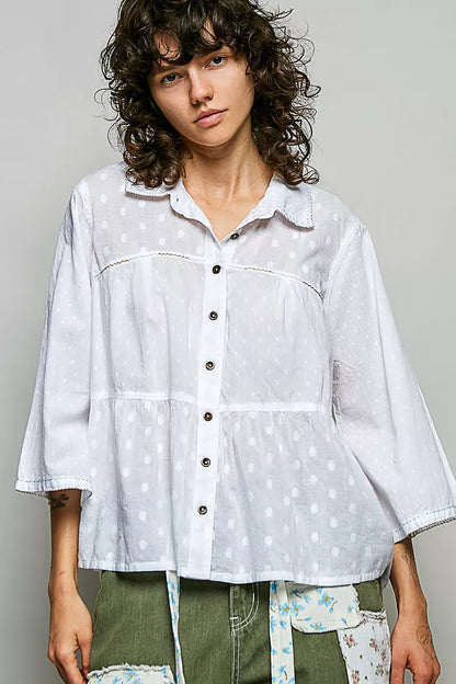 Off-white POL Tonal Dot Weave textured button-front shirt by Trendsi, showcasing a woven pattern and classic collar design