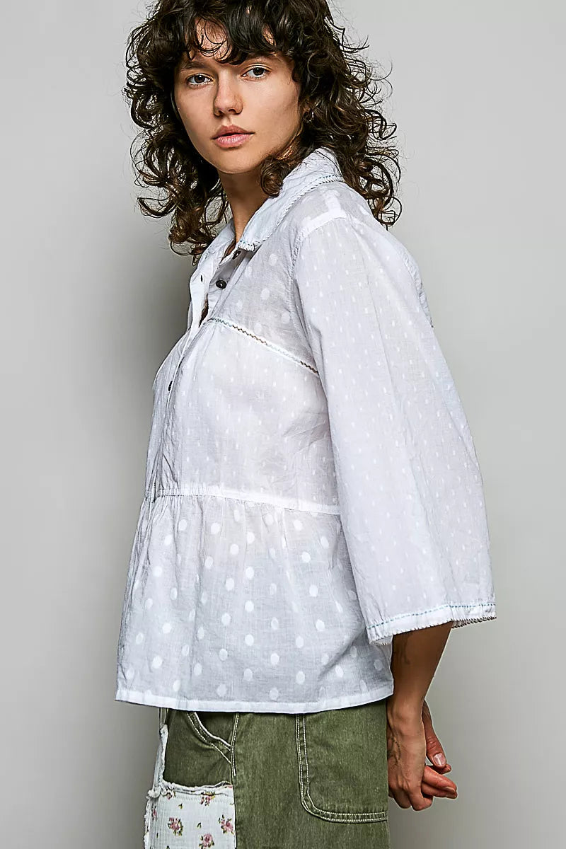 Off-white POL Tonal Dot Weave textured button-front shirt from Trendsi, featuring a lightweight woven fabric and classic styling.