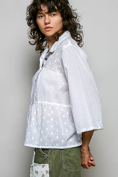Off-white POL Tonal Dot Weave textured button-front shirt from Trendsi, featuring a lightweight woven fabric and classic styling.