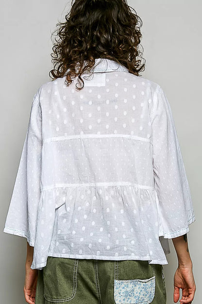 Off-white POL Tonal Dot Weave textured button-front shirt by Trendsi, featuring a woven pattern and classic collar detail.