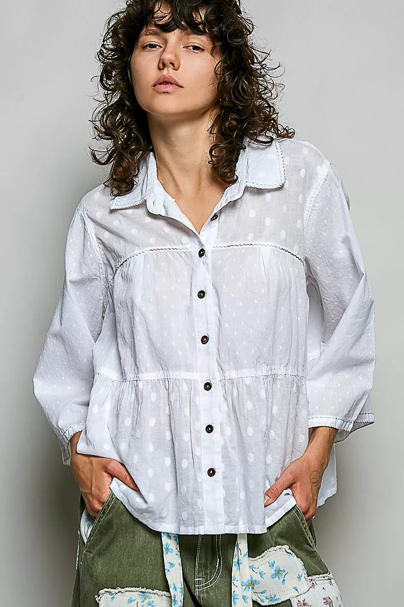 Off-white POL Tonal Dot Weave textured button-front shirt by Trendsi, featuring a subtle dotted pattern and woven fabric.