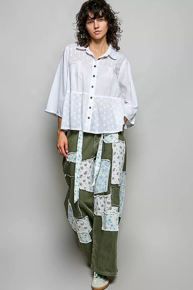 Off-white POL Tonal Dot Weave textured button-front shirt by Trendsi, featuring a woven pattern and casual fit.