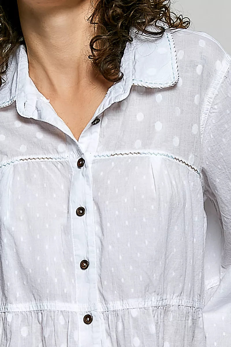 Off-white POL Tonal Dot Weave textured button-front shirt with a subtle dot pattern and woven fabric, by Trendsi.