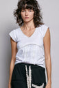 Off-white POL V-neck lightweight textured short sleeve knit top with lace trim, stylish Trendsi women's knitwear.