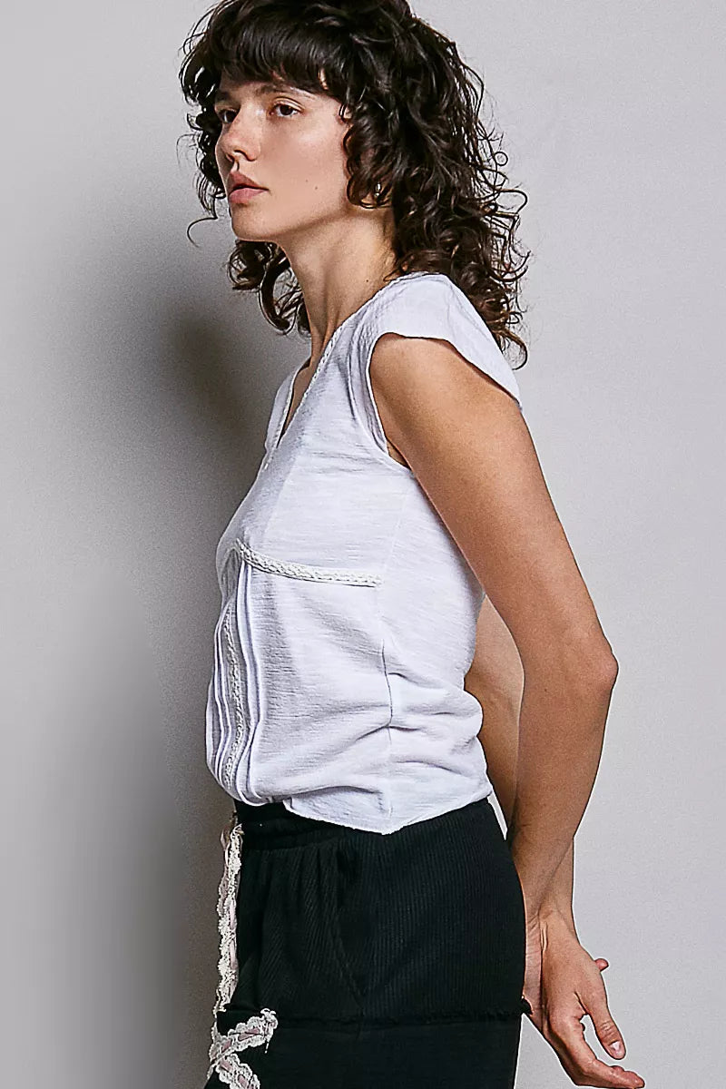 Off-white Trendsi lightweight V-neck knit top with textured fabric, short sleeves, and delicate lace trim detail.