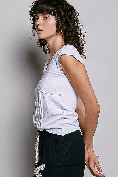 Off-white Trendsi lightweight V-neck knit top with textured fabric, short sleeves, and delicate lace trim detail.