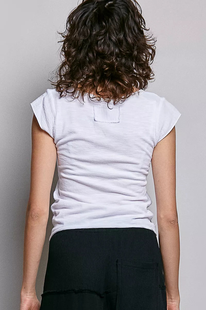 Off-white POL V-neck lightweight textured short sleeve knit top with lace trim, trendy fashion by Trendsi.