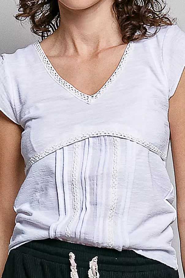 Off-white POL V-neck lightweight textured short sleeve knit top with lace trim, by Trendsi, shown on a model.