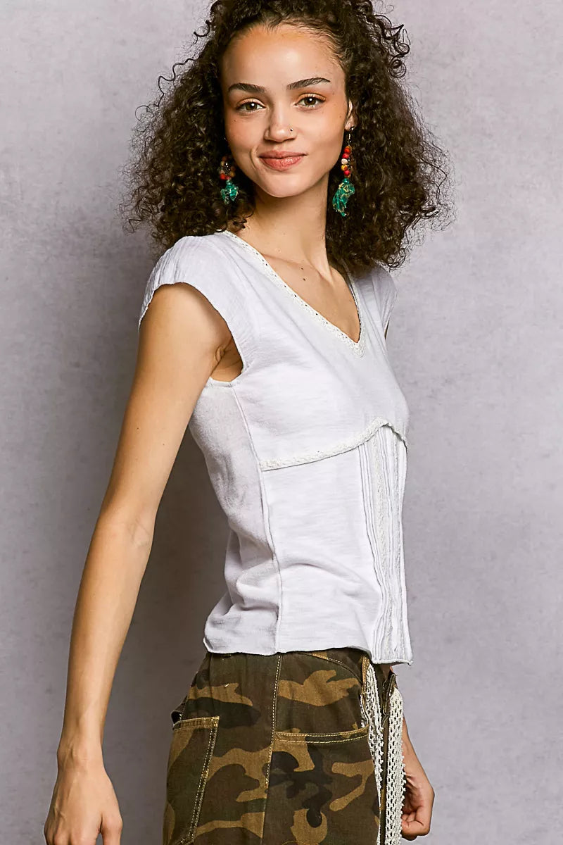 Off-white Trendsi V-neck lightweight textured short sleeve knit top with lace trim, showcasing a stylish and breathable design.
