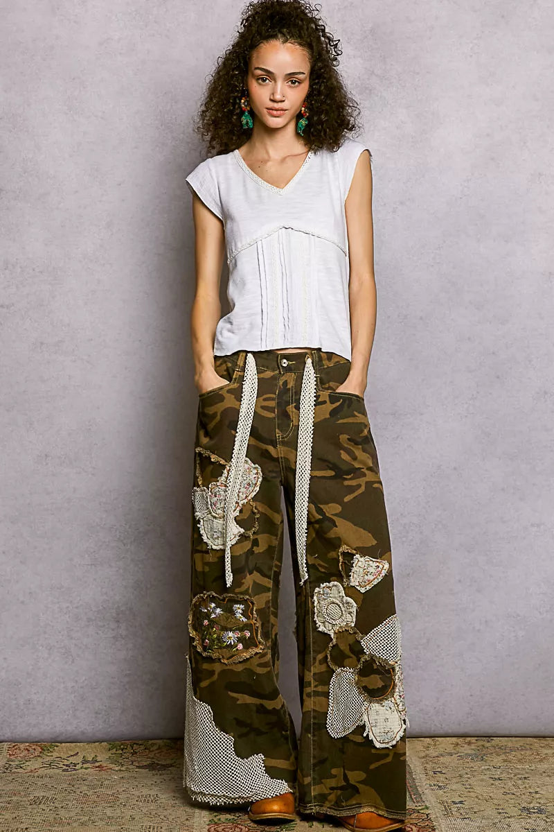 Off-white POL V-neck lightweight textured knit top with short sleeves and lace trim, by Trendsi.
