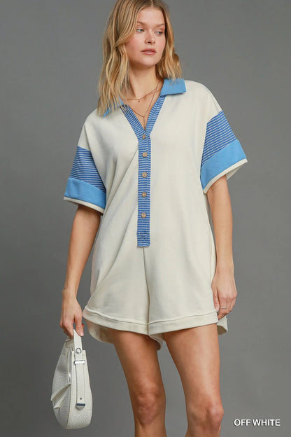 Off-white Umgee French Terry collared colorblock romper with long sleeves and relaxed fit, perfect for casual wear.