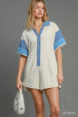 Off-white Umgee French Terry collared colorblock romper with long sleeves and relaxed fit, perfect for casual wear.